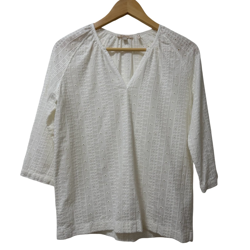 Barbour Womens Overboard Eyelet Embroidered Blouse Top Size 4 White Cottagecore